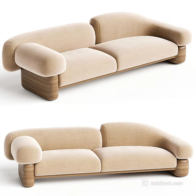 Modern Beige Two Seater Sofa With Rounded Arms Fabric Upholstery And Wooden Legs 3d model 