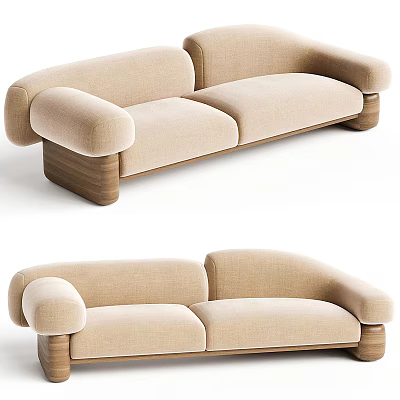 Modern Beige Two Seater Sofa With Rounded Arms Fabric Upholstery And Wooden Legs 3d model