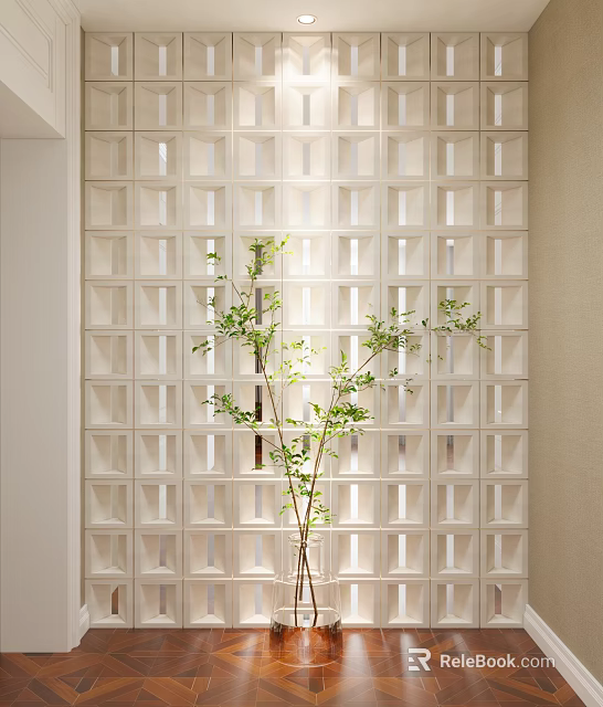 White Square Grid Decorative Partition With Green Plant For Interior Design 3d model