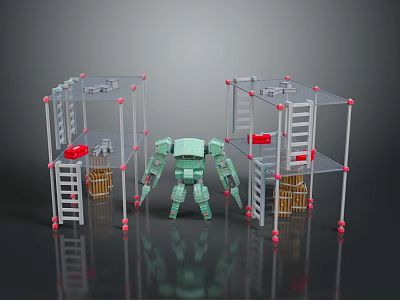 Green Robot Standing Between Metal Racks With Red Items And Yellow Crates 3d model