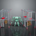 Green Robot Standing Between Metal Racks With Red Items And Yellow Crates