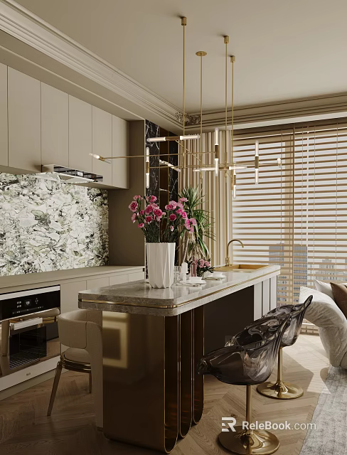 Elegant Modern Restaurant Interior With Marble Countertop Hanging Pendant Lights And Fresh Flower Bouquet 3d model 