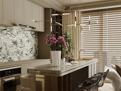 Elegant Modern Restaurant Interior With Marble Countertop Hanging Pendant Lights And Fresh Flower Bouquet 3d model