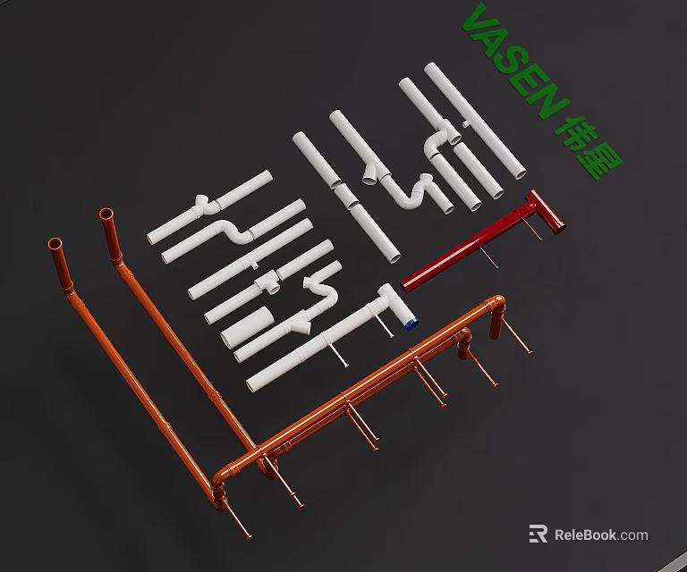 Different Types Of Colored Pipes With Various Shapes And Plumbing Fittings 3d model 