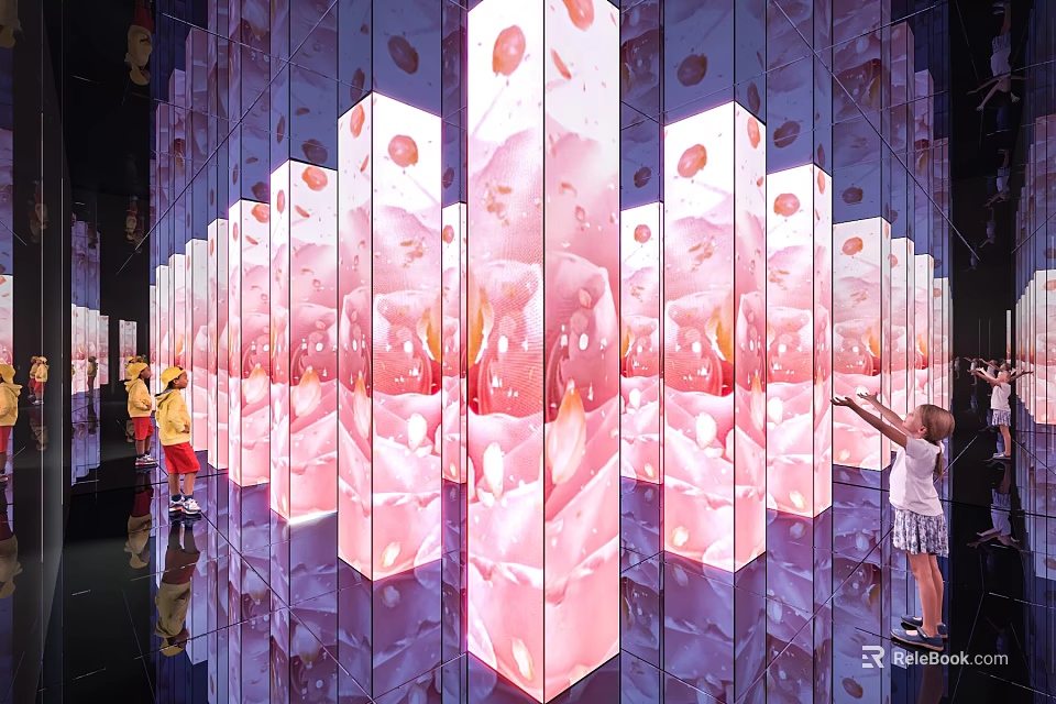 Interactive Art Installation With Transparent Columns Pink Floral Patterns And Mirror Reflections 3d model