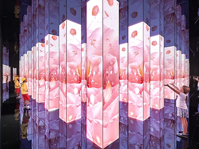 Interactive Art Installation With Transparent Columns Pink Floral Patterns And Mirror Reflections 3d model