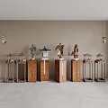 Decorative Ornament Set With Wooden Pedestals And Various Pavilion Figure Plant Sculptures Under Hanging Lanterns