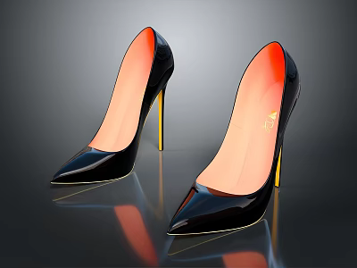 Stylish Black Patent Leather High Heels With Pointed Toe Golden Heels And Orange Inner Sole 3d model
