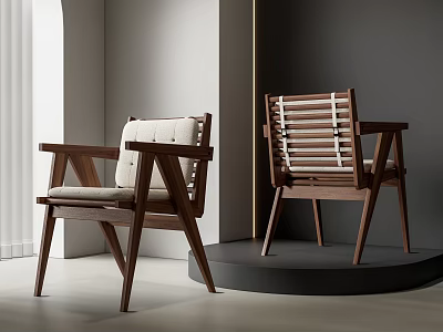 Modern Wooden Dining Chairs With Slatted Back Armrests And Upholstered Seat 3d model