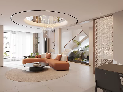 Modern Living Dining Room Interior With Orange Sofa Round Coffee Table Circular Chandelier And Staircase 3d model
