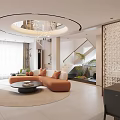 Modern Living Dining Room Interior With Orange Sofa Round Coffee Table Circular Chandelier And Staircase