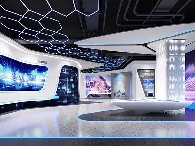 Futuristic Exhibition Hall Interior With Hexagonal Ceiling Large Curved Screens And Curved Reception Desk 3d model