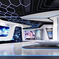 Futuristic Exhibition Hall Interior With Hexagonal Ceiling Large Curved Screens And Curved Reception Desk