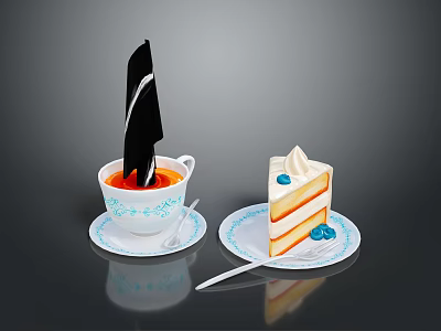White Teacup With Blue Floral Pattern And Layered Cream Cake With Blue Decorations On Saucers 3d model