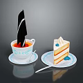White Teacup With Blue Floral Pattern And Layered Cream Cake With Blue Decorations On Saucers