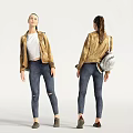 Woman in Black Leather Jacket White Top and Ripped Jeans with Backpack Front Back Views