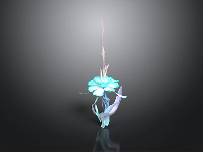 3D Rendered Plant With Blue Flower Slender Stem Pink Lines Purple Leaves Dark Background Reflection 3d model