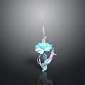 3D Rendered Plant With Blue Flower Slender Stem Pink Lines Purple Leaves Dark Background Reflection