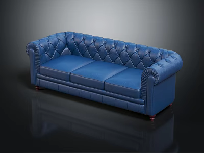 Blue Leather Tufted Sofa With Classic Design Stitched Details And Wooden Legs 3d model