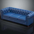 Blue Leather Tufted Sofa With Classic Design Stitched Details And Wooden Legs