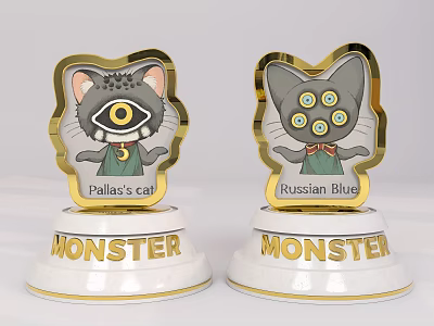 Monster Themed Trophies With Pallas's Cat And Russian Blues Cat Figures 3d model