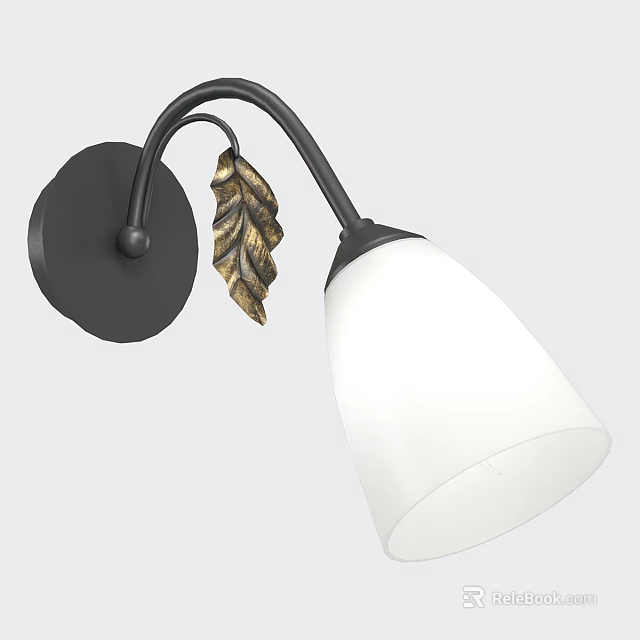 Modern Wall Light Featuring Black Base Curved Arm Golden Leaf And White Lampshade 3d model 