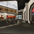 Spacious Restaurant Interior With Red Wall Marble Counters And Fresh Food Displays