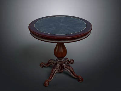 Classic Round Table With Dark Marble Top And Wooden Carved Legs 3d model
