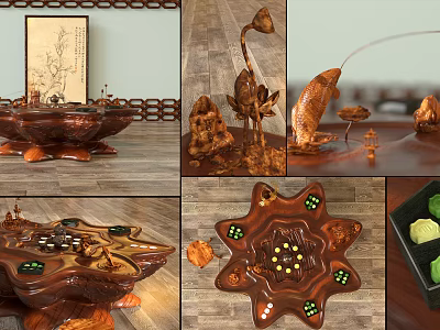 Handcrafted Root Carving Tea Table With Natural Wood Artistic Design And Carved Details 3d model