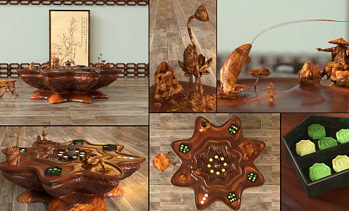 New Chinese root carving tea sea wood carving tea table 3d model