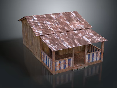 Wooden House Featuring Rusted Metal Roof And Blue White Striped Railings On Porch 3d model