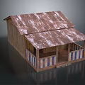 Wooden House Featuring Rusted Metal Roof And Blue White Striped Railings On Porch
