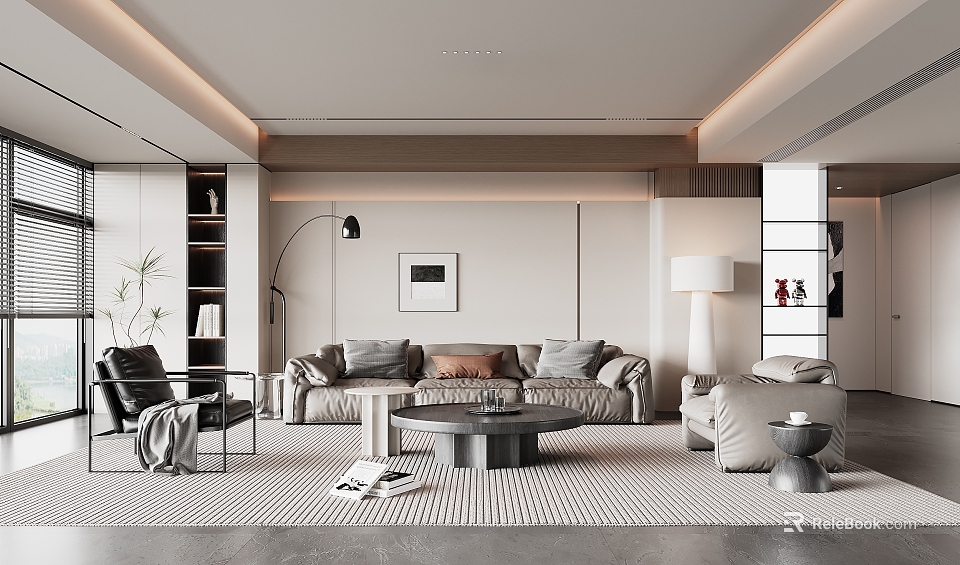 Modern Living Room Interior With Sofa Coffee Table Floor Lamp Bookshelf And Decorative Rug 3d model 