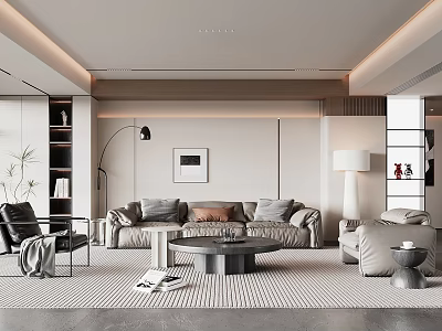 Modern Living Room Interior With Sofa Coffee Table Floor Lamp Bookshelf And Decorative Rug 3d model