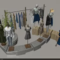 Stylish Clothing Store Display Featuring Hanging Apparel Mannequins And Potted Plants