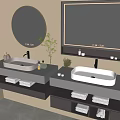 Modern Bathroom Vanity Cabinet With Double Sinks Large Mirror Storage Drawers And Small Plant
