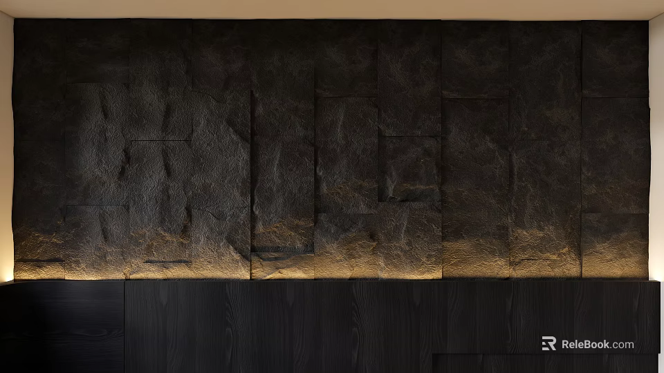 Dark Stone Wall With Wooden Panel And Warm Lighting 3d model 