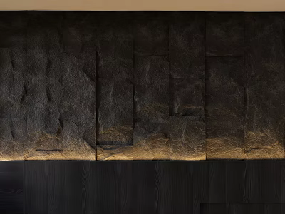 Dark Stone Wall With Wooden Panel And Warm Lighting 3d model