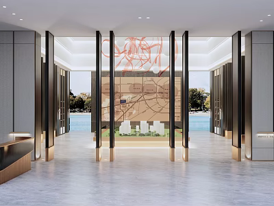 Elegant Modern Sales Office Interior With Reception Area Map Display And Marble Floor 3d model