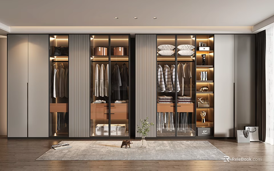 Modern Wardrobe Interior With Glass Doors Hanging Clothes Drawers Storage Boxes And Decorative Plates 3d model 
