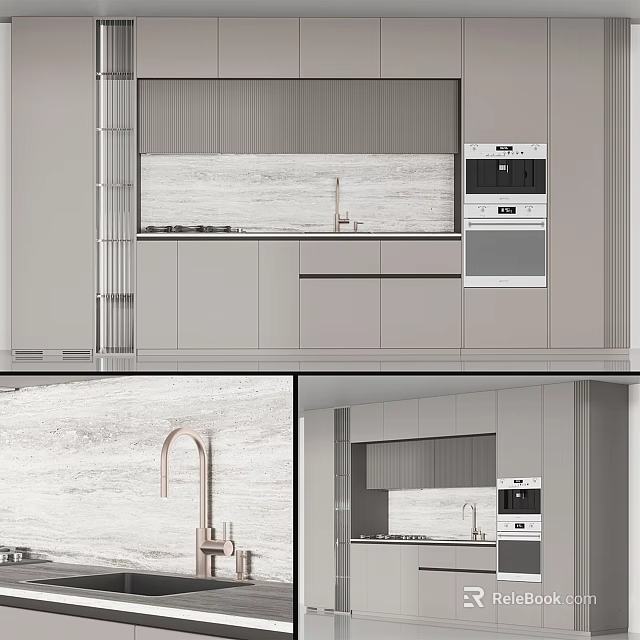 Modern Kitchen Interior With Gray Cabinets Marble Backsplash Brushed Copper Faucet And Built In Appliances 3d model 