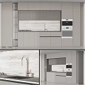 Modern Kitchen Interior With Gray Cabinets Marble Backsplash Brushed Copper Faucet And Built In Appliances