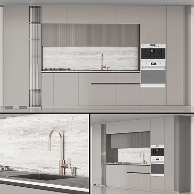 Modern Kitchen Interior With Gray Cabinets Marble Backsplash Brushed Copper Faucet And Built In Appliances 3d model