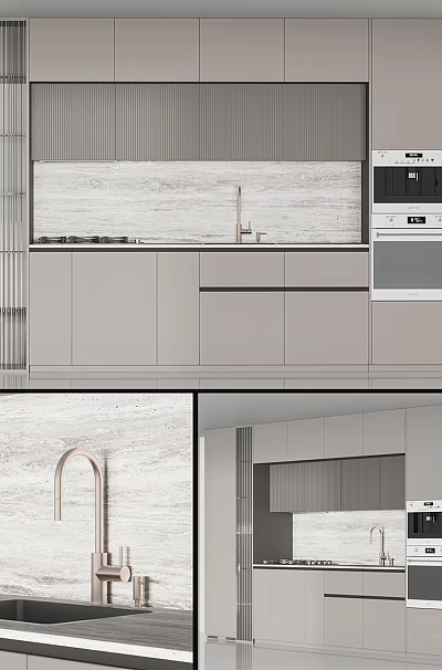 Modern Kitchen Interior With Gray Cabinets Marble Backsplash Brushed Copper Faucet And Built In Appliances 3d model