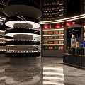 Modern Tobacco And Liquor Store Interior With Circular Wine Racks And Displays