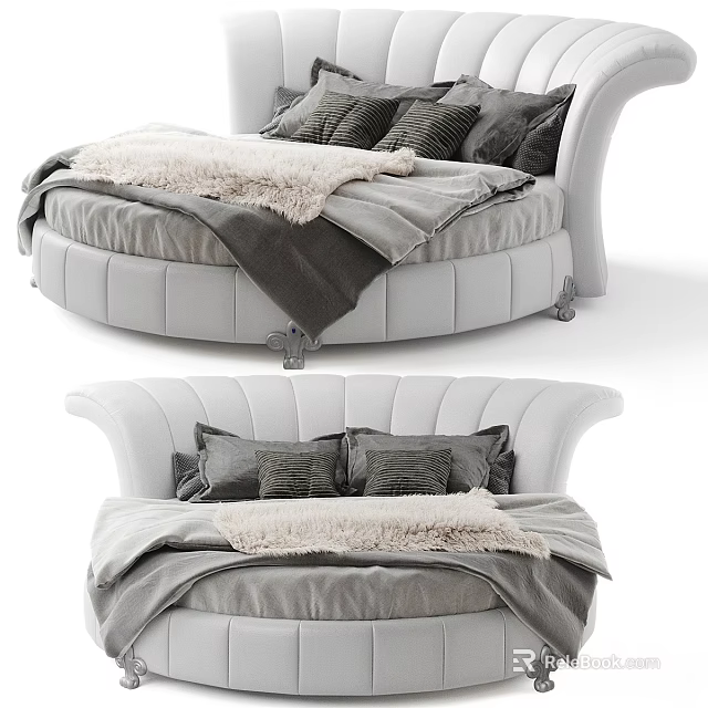 Modern Round Bedroom Bed With White Leather Frame Gray Pillows And Furry Blanket 3d model 