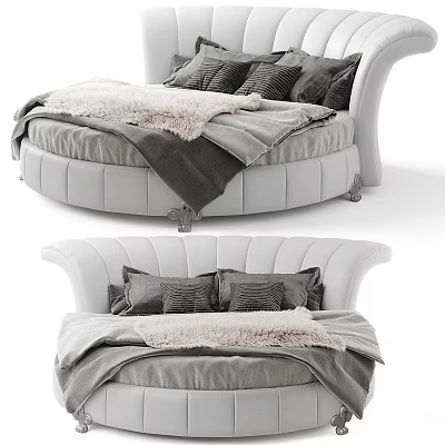 Modern Round Bedroom Bed With White Leather Frame Gray Pillows And Furry Blanket 3d model