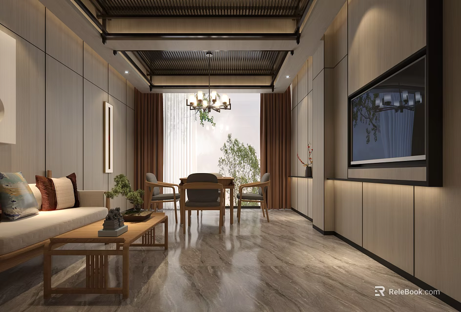 Hotel Mahjong Room Interior With Wooden Furniture Mahjong Table Sofa Chandelier TV And Plants 3d model 