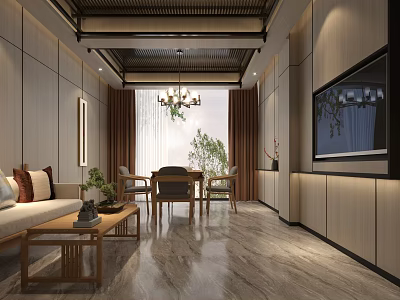 Hotel Mahjong Room Interior With Wooden Furniture Mahjong Table Sofa Chandelier TV And Plants 3d model