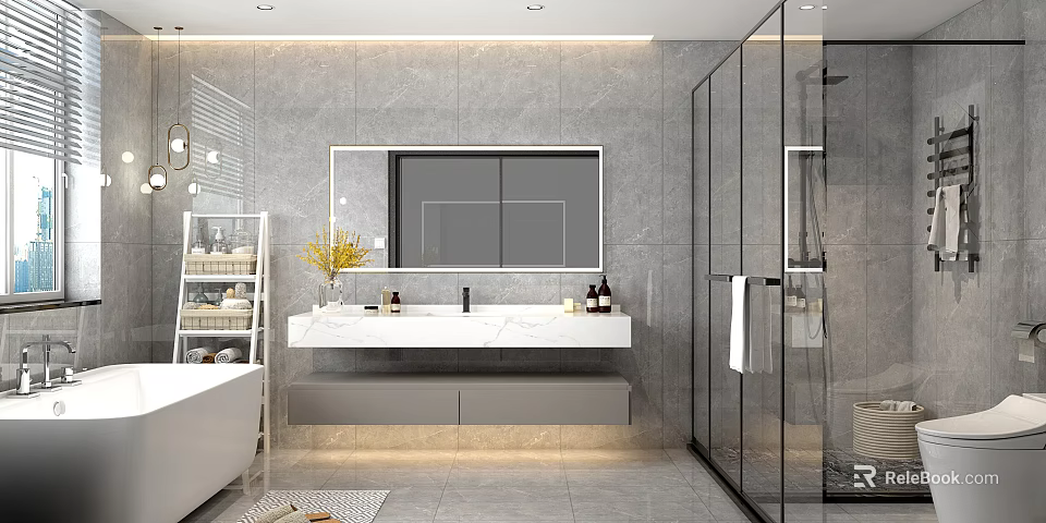 Modern Bathroom Interior With Gray Marble Walls Double Vanity White Countertop And Glass Shower Enclosure 3d model 